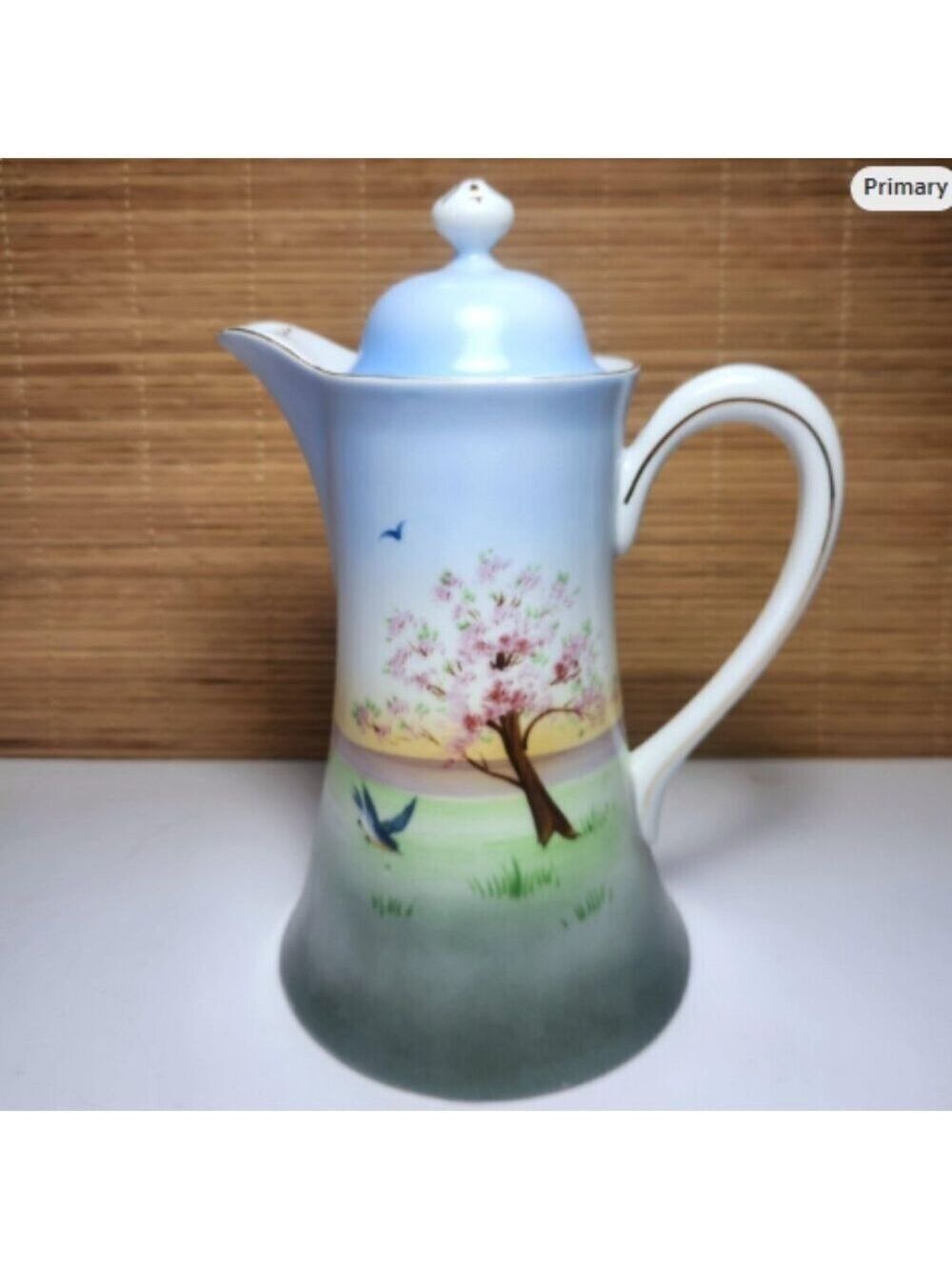 Antique Nippon Lidded Chocolate Pot Hand Painted Birds Porcelain Crown Mark